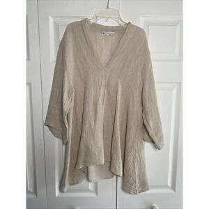 Cobblestone Living Women Large Tan Linen Tunic Top V Neck